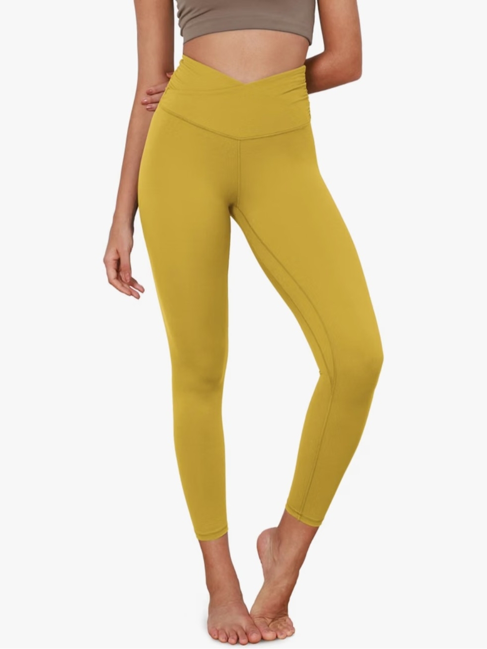 High/Cross-Waist Mustard Yellow Yoga Leggings 7/8 Length With Hidden Pocket